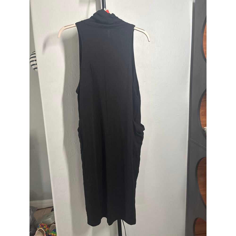 Eileen Fisher Funnel Neck Midi Cocoon Dress XS Black Sleeveless Pocket Lagenlook - Picture 8 of 9